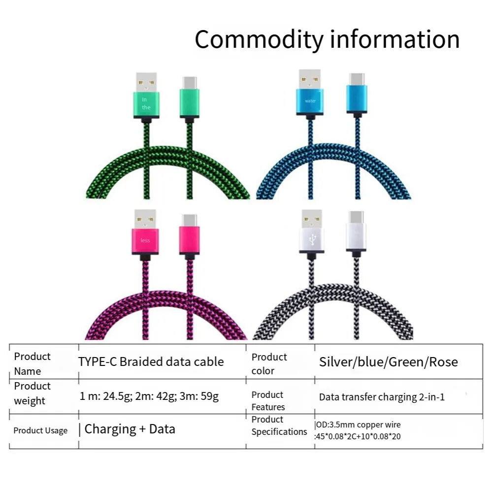 1X Premium Nylon Braided USB to Type C Cable 1M 2M 3Meter Fast Charging Data Sync Usb Flash Charging Cable