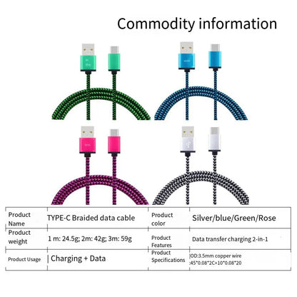 1X Premium Nylon Braided USB to Type C Cable 1M 2M 3Meter Fast Charging Data Sync Usb Flash Charging Cable